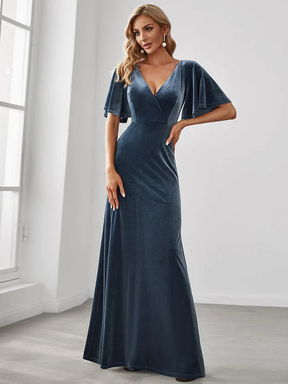 Wholesa Trendy Double V Neck Velvet Wedding Guest Dress