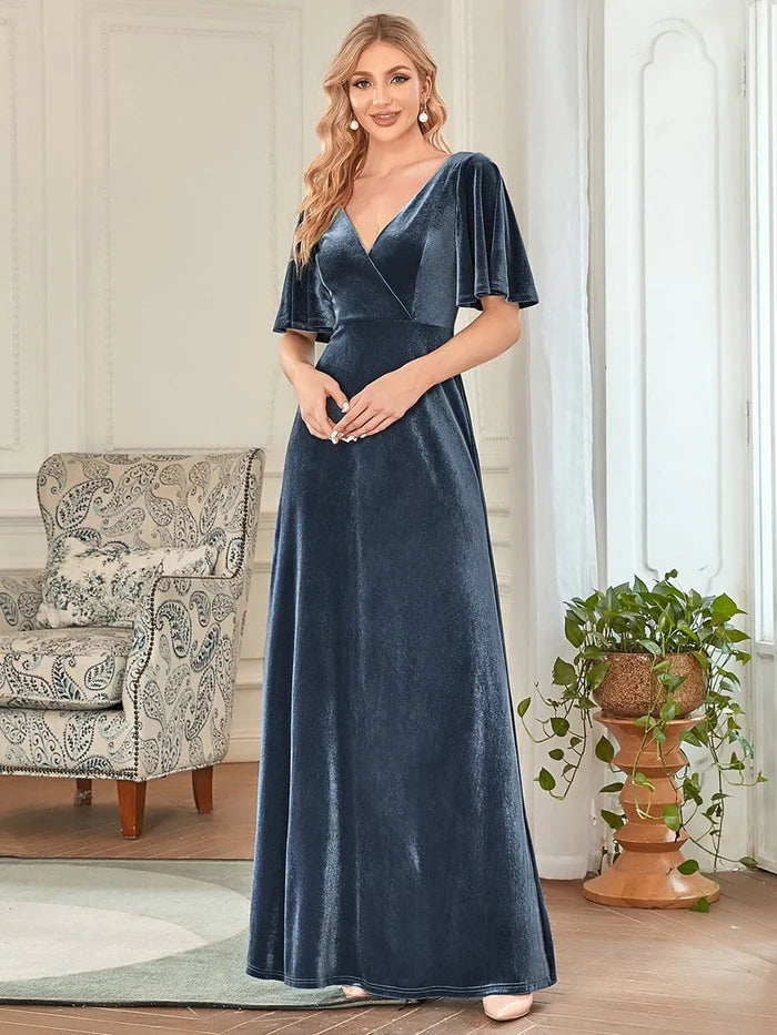 Wholesa Elegant Double V Neck Velvet Party Dress with Sleeves