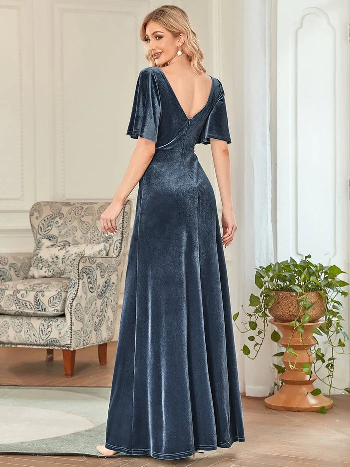 Wholesa Elegant Double V Neck Velvet Party Dress with Sleeves