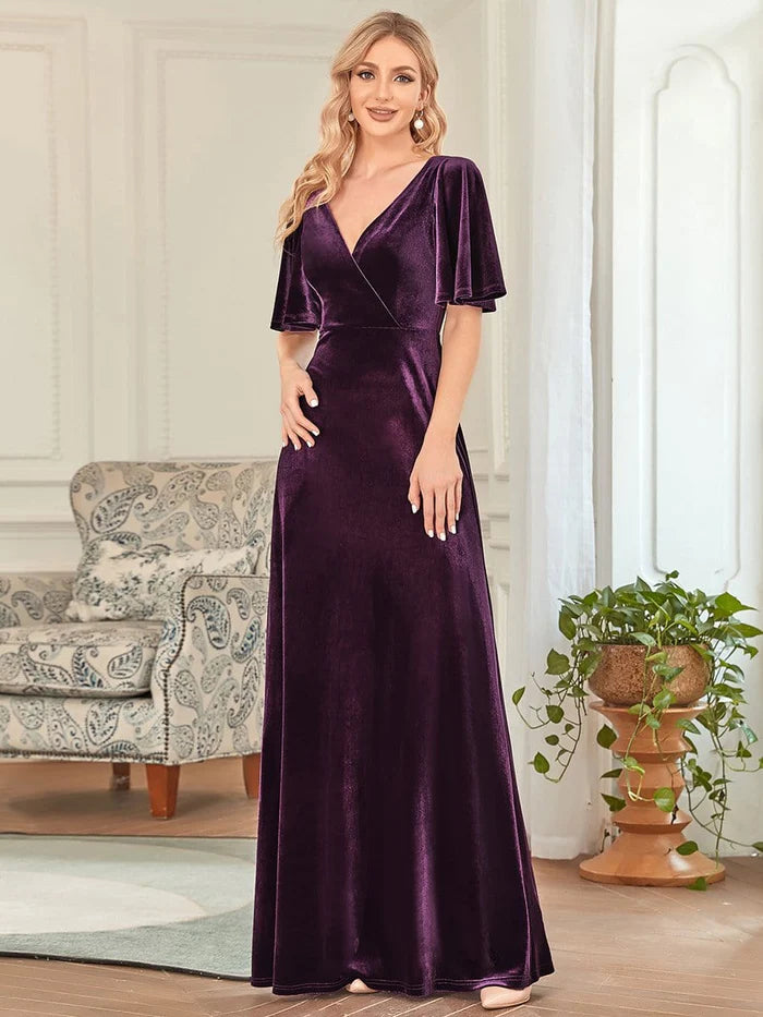 Wholesa Elegant Double V Neck Velvet Party Dress with Sleeves