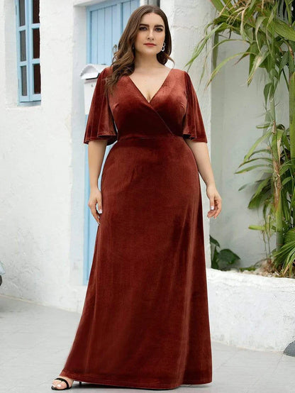 Wholesa Trendy Double V Neck Velvet Wedding Guest Dress