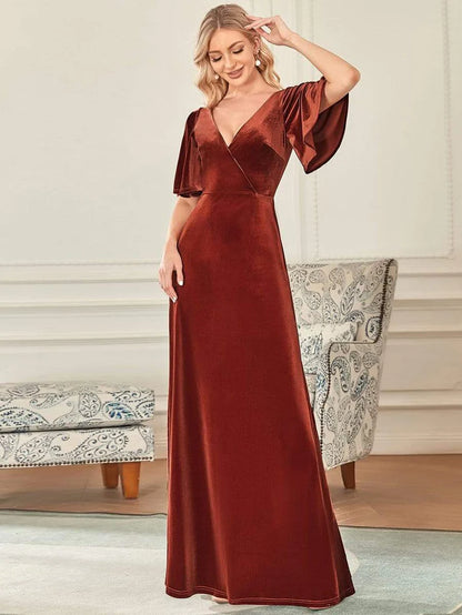 Wholesa Trendy Double V Neck Velvet Wedding Guest Dress