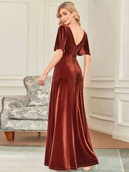 Wholesa Trendy Double V Neck Velvet Wedding Guest Dress