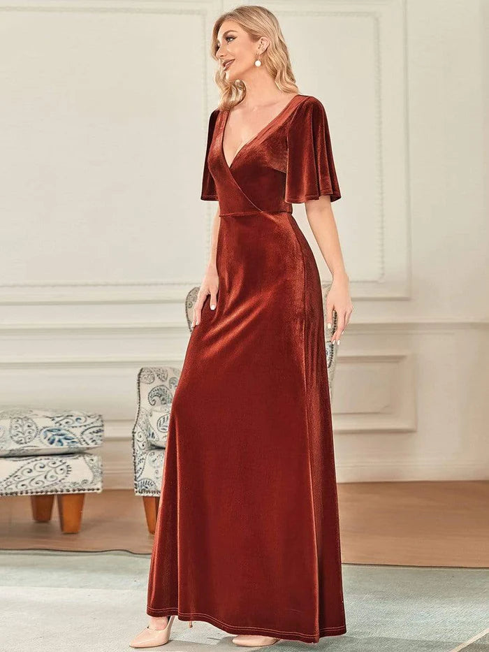 Wholesa Trendy Double V Neck Velvet Wedding Guest Dress