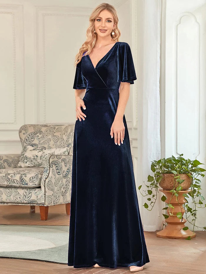 Wholesa Trendy Double V Neck Velvet Wedding Guest Dress