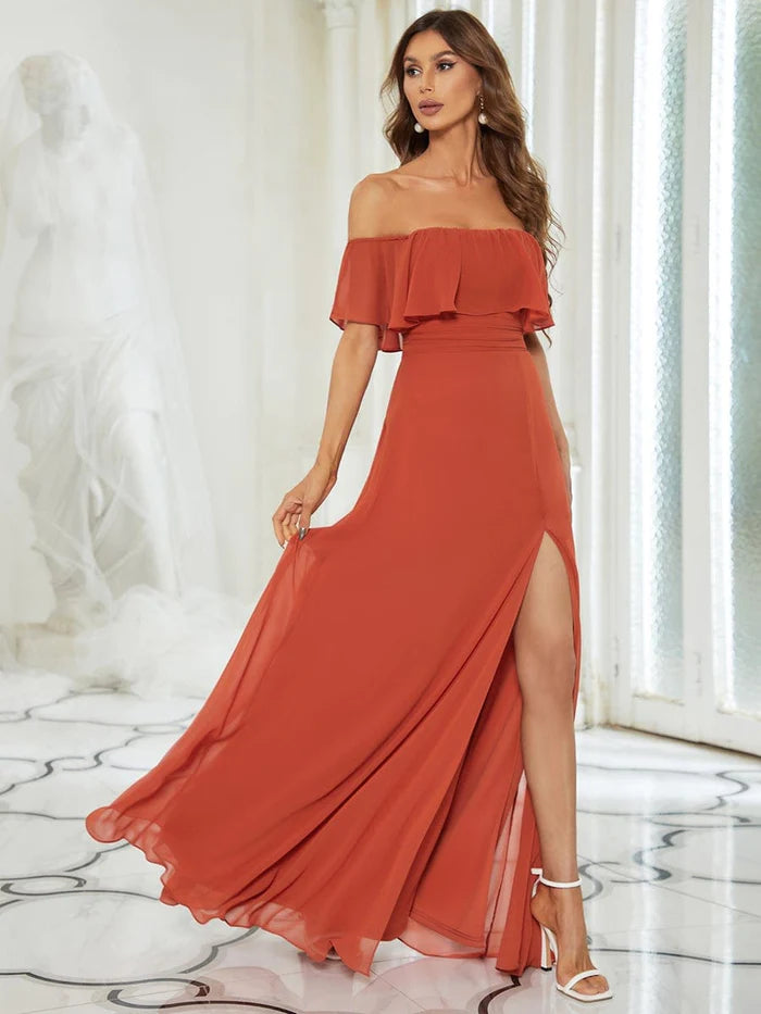 Wholesa Off The Shoulder Maxi Chiffon Bridesmaid Dresses With Side Split