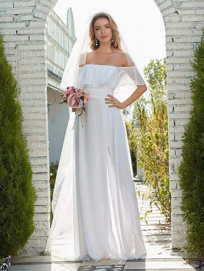 Wholesa Plain Off Shoulder Chiffon Wedding Dress with Side Split