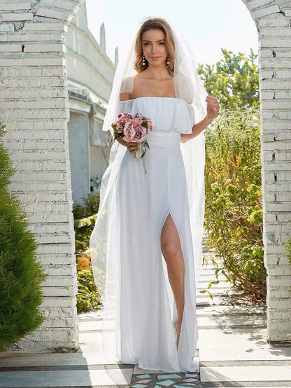 Wholesa Plain Off Shoulder Chiffon Wedding Dress with Side Split