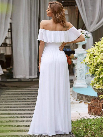 Wholesa Plain Off Shoulder Chiffon Wedding Dress with Side Split