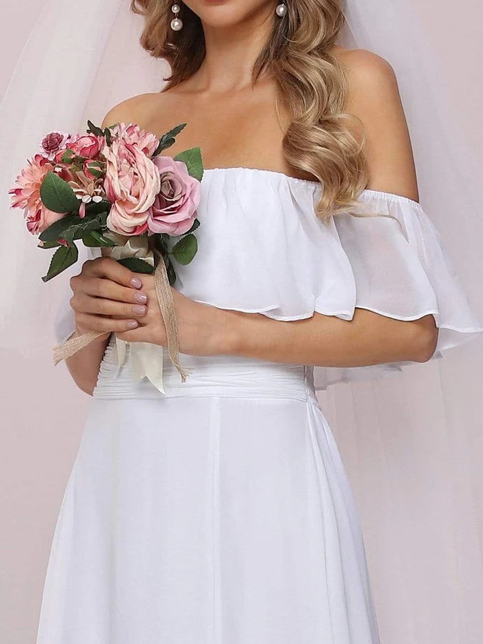 Wholesa Plain Off Shoulder Chiffon Wedding Dress with Side Split