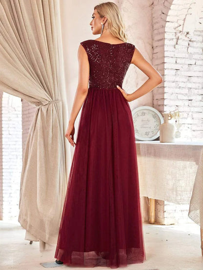 Wholesa Deep V Neck Floor Length Sequin Prom Dresses for Women