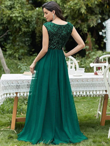 Wholesa Deep V Neck Floor Length Sequin Prom Dresses for Women