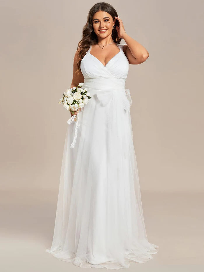 Wholesa Plus Size Maxi Long Double V Neck Tulle Bridesmaid Dresses