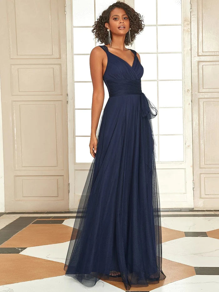 Wholesa Floor Length Double V Neck Tulle Bridesmaid Dresses