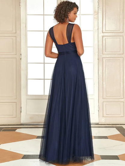 Wholesa Floor Length Double V Neck Tulle Bridesmaid Dresses