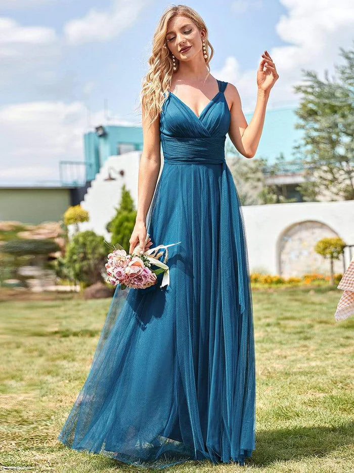 Wholesa Floor Length Double V Neck Tulle Bridesmaid Dresses