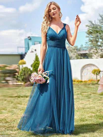 Wholesa Floor Length Double V Neck Tulle Bridesmaid Dresses