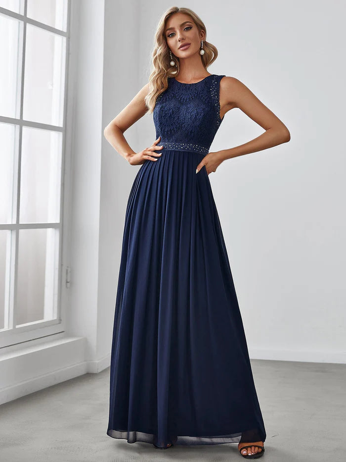 Wholesa Empire Waist Sleeveless Maxi Long A Line Lace Bridesmaid Dresses