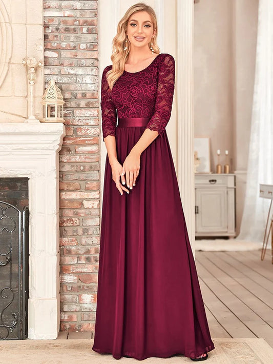 Wholesa Elegant Round Neck A Line See-Through Lace Bridesmaid Dress