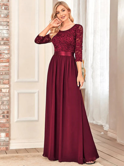 Wholesa Elegant Round Neck A Line See-Through Lace Bridesmaid Dress