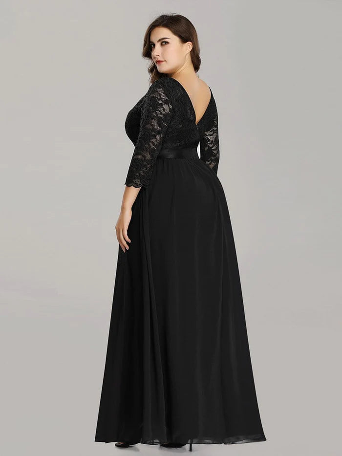 Wholesa See-Through Floor Length Lace Evening Dress with Half Sleeve