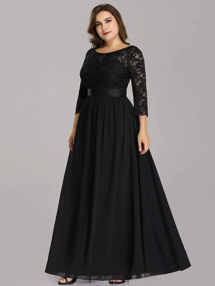 Wholesa See-Through Floor Length Lace Evening Dress with Half Sleeve