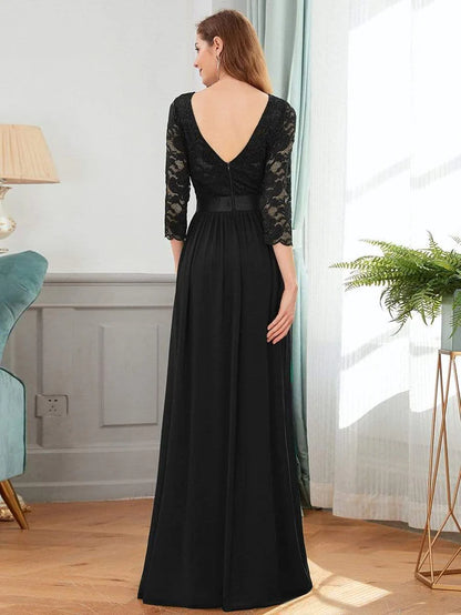 Wholesa See-Through Floor Length Lace Evening Dress with Half Sleeve