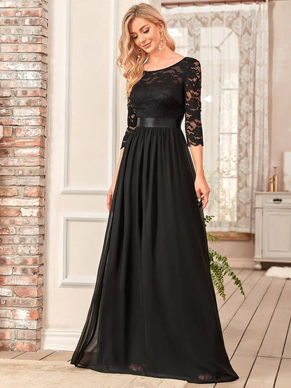 Wholesa See-Through Floor Length Lace Evening Dress with Half Sleeve