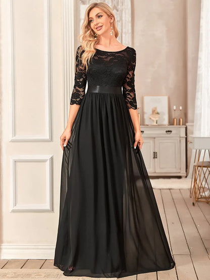 Wholesa See-Through Floor Length Lace Evening Dress with Half Sleeve