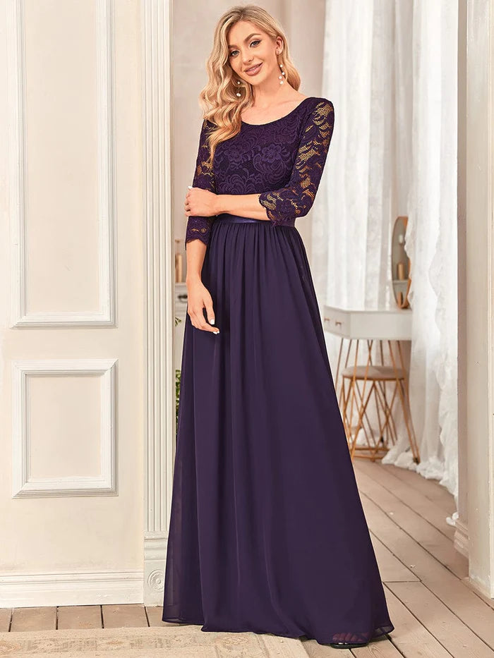 Wholesa See-Through Floor Length Lace Bridesmaid Dress with Half Sleeve