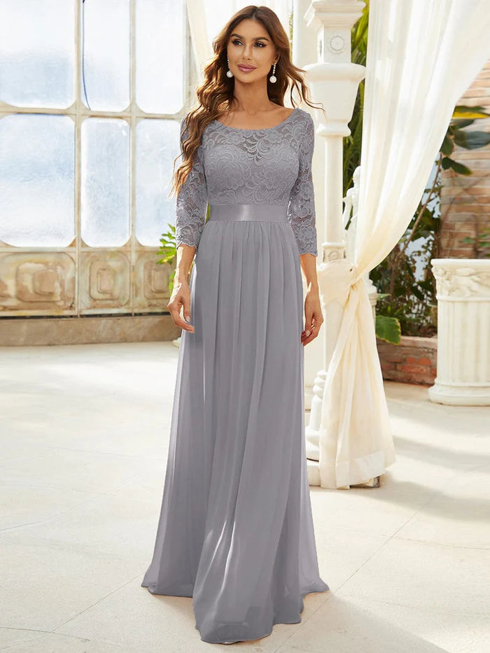 Wholesa See-Through Floor Length Lace Evening Dress with Half Sleeve