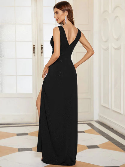 Wholesa Floor Length V Neck Shimmery Evening Dresses with Side Split