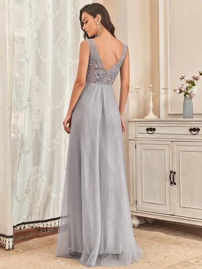 Wholesa Elegant Sleeveless Applique Flowy Tulle Evening Dress