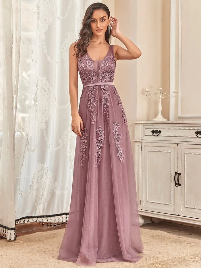 Wholesa Elegant Sleeveless Applique Flowy Tulle Evening Dress