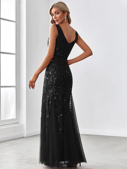 Wholesa Sexy Double V-Neck Mermaid Sequin Evening Maxi Dress for Women