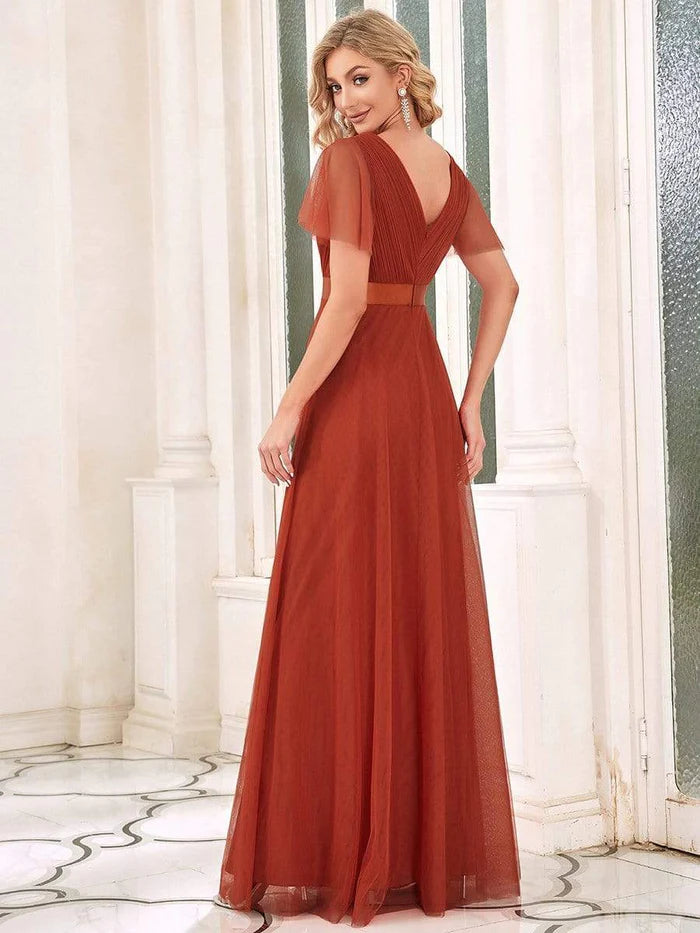 Wholesa Double V-Neck Tulle Floor-Length Bridesmaid Dress