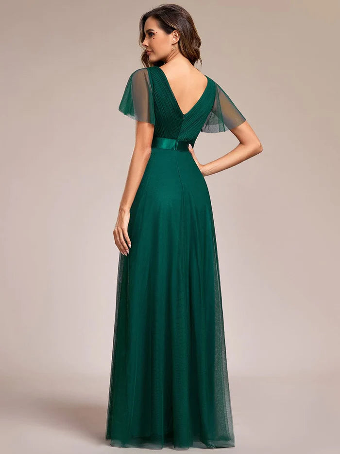 Wholesa Double V-Neck Tulle Floor-Length Bridesmaid Dress