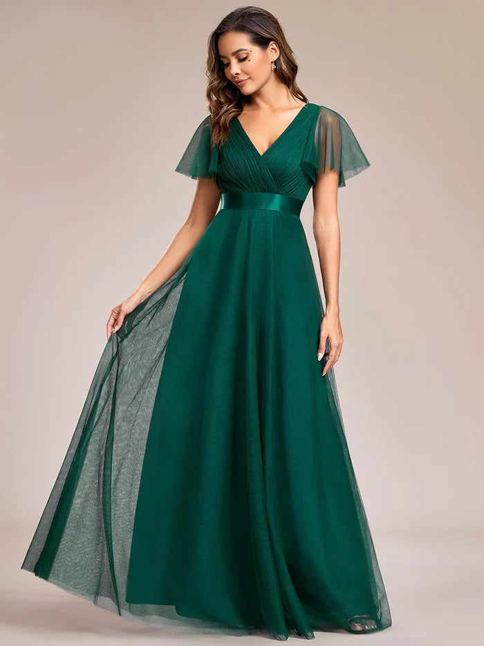 Wholesa Double V-Neck Tulle Floor-Length Bridesmaid Dress