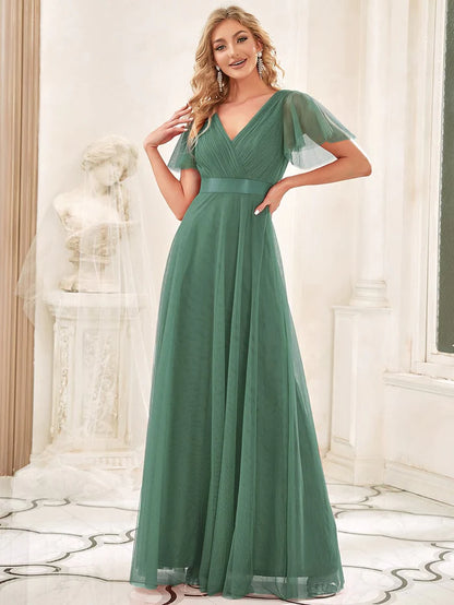 Wholesa Double V-Neck Tulle Floor-Length Bridesmaid Dress