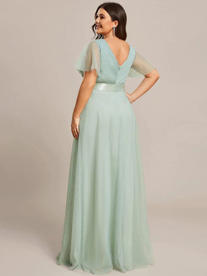 Wholesa Double V-Neck Tulle Floor-Length Bridesmaid Dress