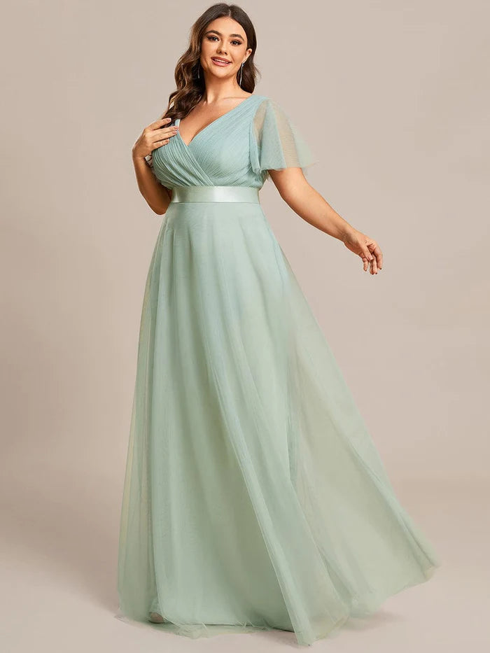 Wholesa Double V-Neck Tulle Floor-Length Bridesmaid Dress