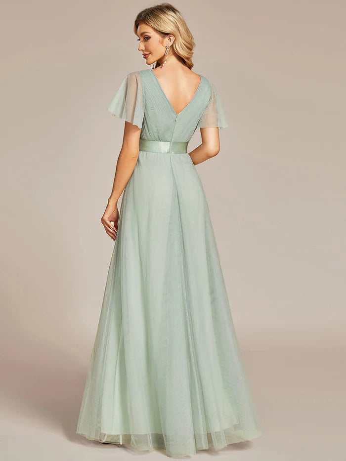 Wholesa Double V-Neck Tulle Floor-Length Bridesmaid Dress