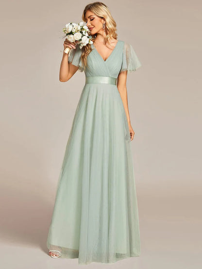 Wholesa Double V-Neck Tulle Floor-Length Bridesmaid Dress