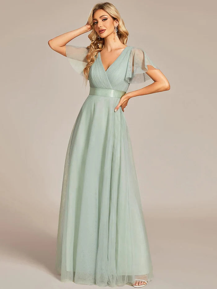 Wholesa Double V-Neck Tulle Floor-Length Bridesmaid Dress