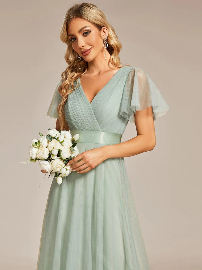 Wholesa Double V-Neck Tulle Floor-Length Bridesmaid Dress