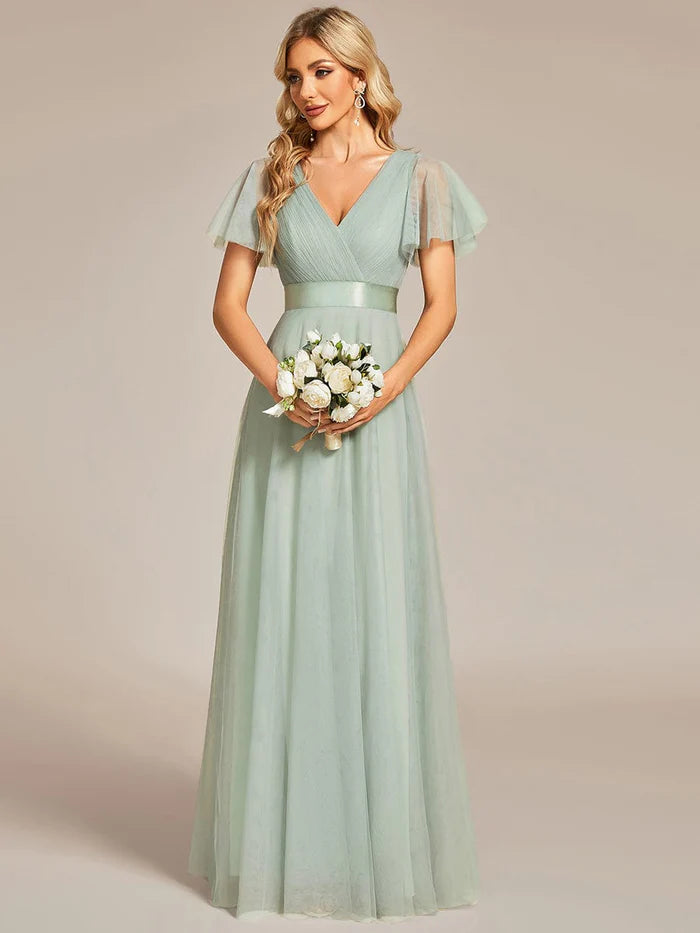 Wholesa Double V-Neck Tulle Floor-Length Bridesmaid Dress