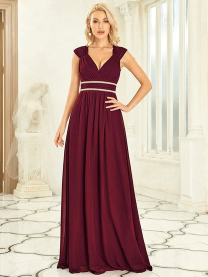 Wholesa V-Neck Sleeveless Beaded Belt Chiffon A-Line Evening Dress