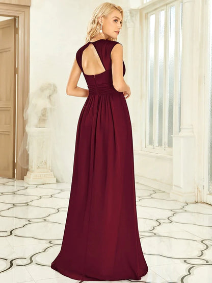 Wholesa V-Neck Sleeveless Beaded Belt Chiffon A-Line Evening Dress