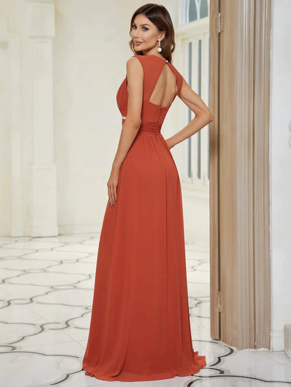 Wholesa V-Neck Sleeveless Beaded Belt Chiffon A-Line Evening Dress