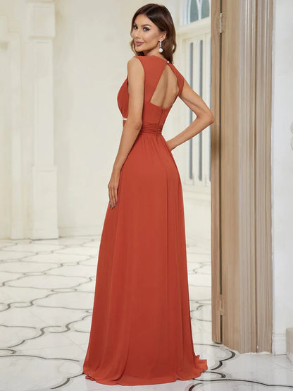 Wholesa Ruched V-neck Floor Length Elegant Bridesmaid Dress